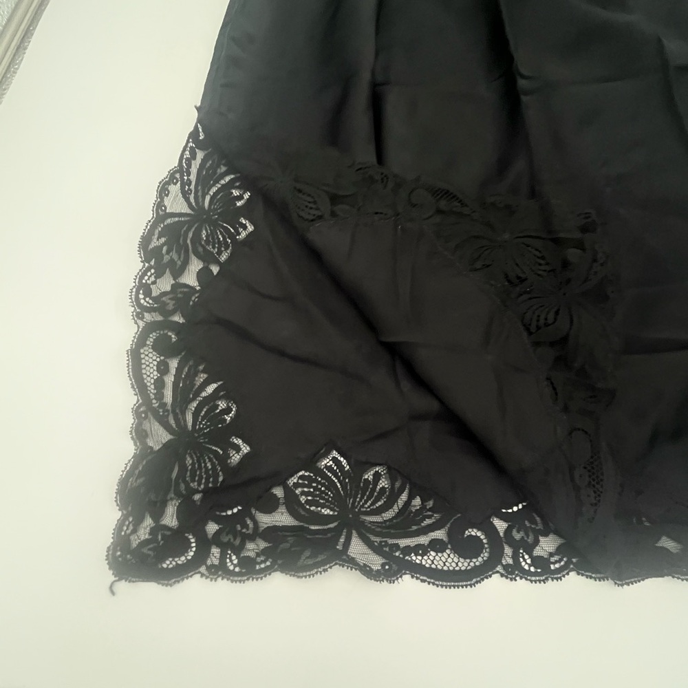 Vintage Black Slip Skirt Union made USA lace hem slit knee length M/L sexy fairy